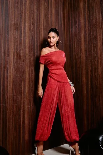 CONJUNTO BLUSA E CALÇA TULE GLAM - VERMELHO