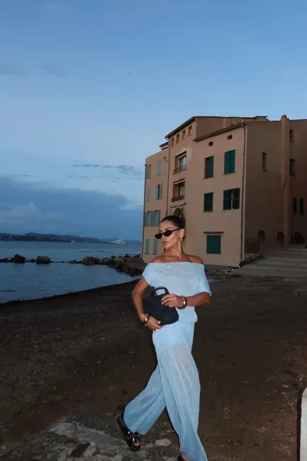 CONJUNTO BLUSA E CALÇA TULE GLAM - AZUL CLARO