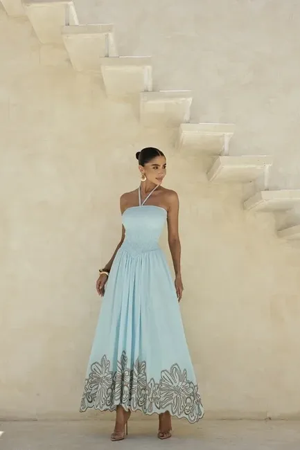 VESTIDO GRAMADO LAISE BARRADO - AZUL CLARO