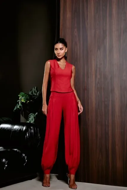 CONJUNTO BLUSA COSTAS ABERTAS ALFAIATARIA MARRANT - VERMELHO