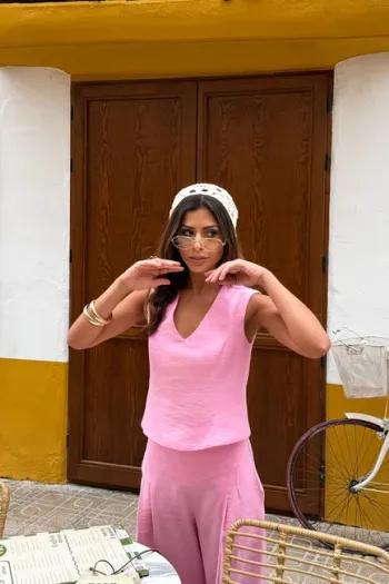 CONJUNTO BLUSA COSTAS ABERTAS ALFAIATARIA MARRANT - ROSA CLARO