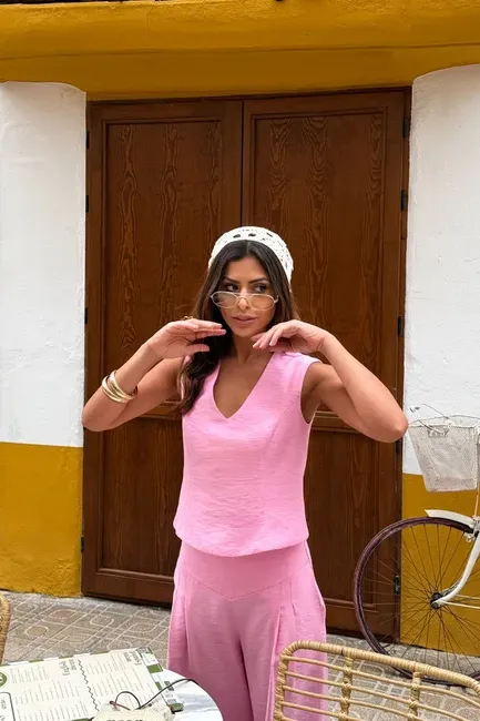 CONJUNTO BLUSA COSTAS ABERTAS ALFAIATARIA MARRANT - ROSA CLARO