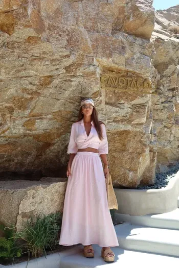 CONJUNTO SAIA LINHO PURO - ROSA CLARO