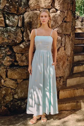 VESTIDO LONGO COM BORDADO LISTRADO - VERDE MENTA