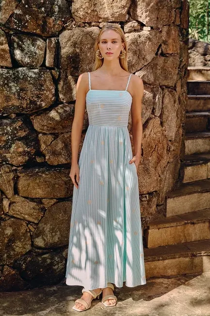 VESTIDO LONGO COM BORDADO LISTRADO - VERDE MENTA