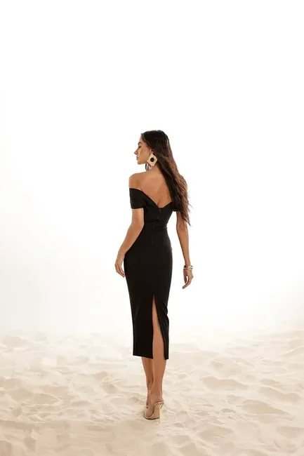 VESTIDO MIDI LÁPIS MANGA PREGAS - PRETO