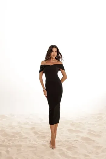 VESTIDO MIDI LÁPIS MANGA PREGAS - PRETO