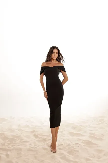 VESTIDO MIDI LÁPIS MANGA PREGAS - PRETO