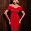 VESTIDO MIDI LÁPIS MANGA PREGAS - VERMELHO