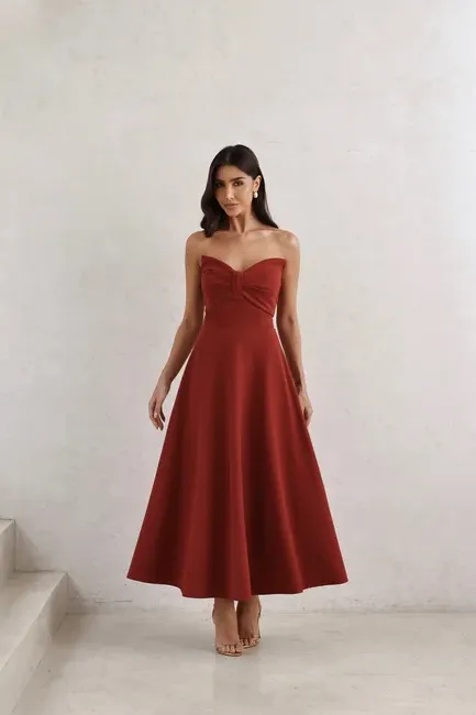 VESTIDO LONGUETE BUSTO BORBOLETA - TERRACOTA