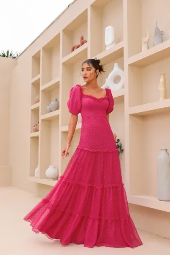 VESTIDO CAMILA LONGO TULE POÁ - PINK