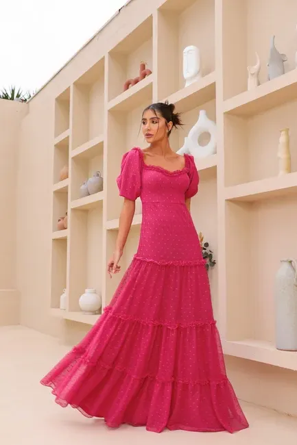 VESTIDO CAMILA LONGO TULE POÁ - PINK