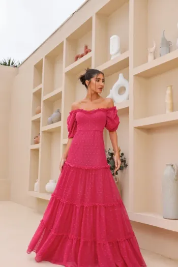 VESTIDO CAMILA LONGO TULE POÁ - PINK