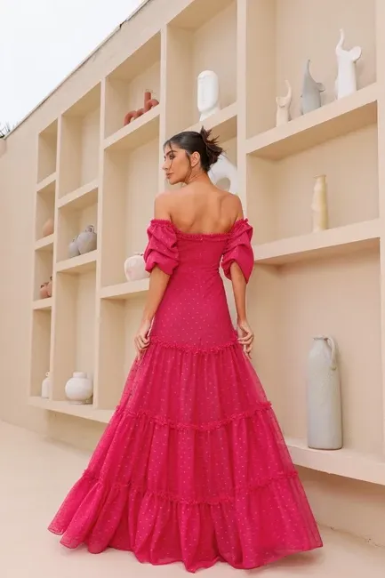 VESTIDO CAMILA LONGO TULE POÁ - PINK