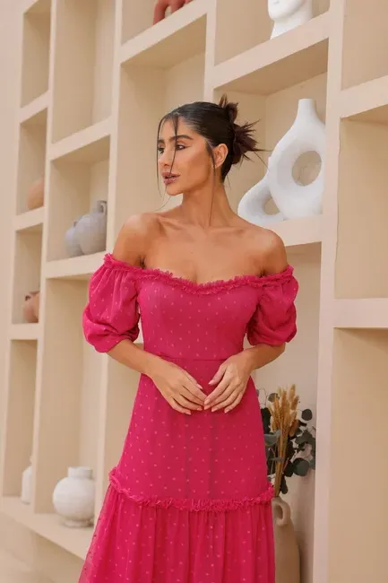VESTIDO CAMILA LONGO TULE POÁ - PINK