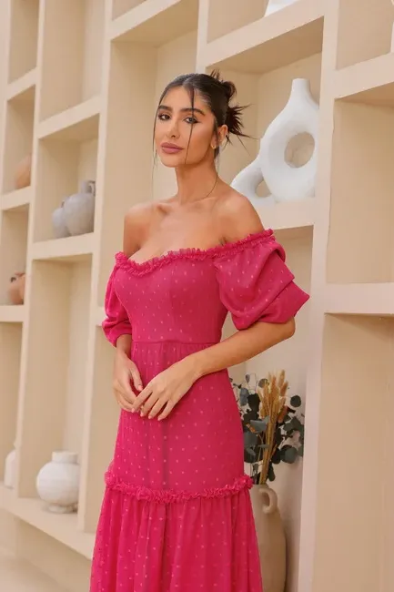 VESTIDO CAMILA LONGO TULE POÁ - PINK