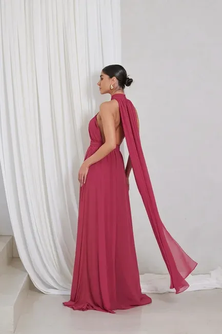 VESTIDO DE FESTA LONGO COM CALDA GISELE - GOIABA