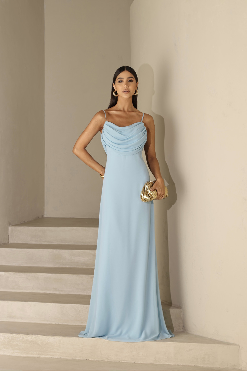 VESTIDO YOLANDA LONGO DRAPEADO BUSTO E COSTAS - AZUL SERENITY