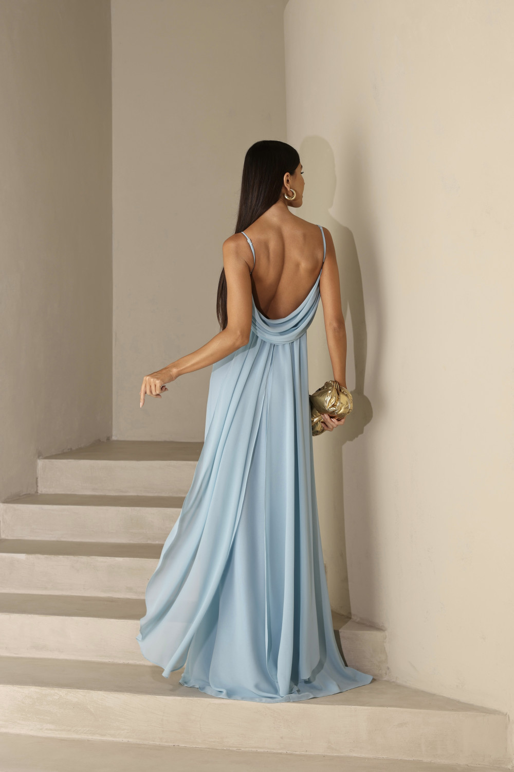 VESTIDO YOLANDA LONGO DRAPEADO BUSTO E COSTAS - AZUL SERENITY