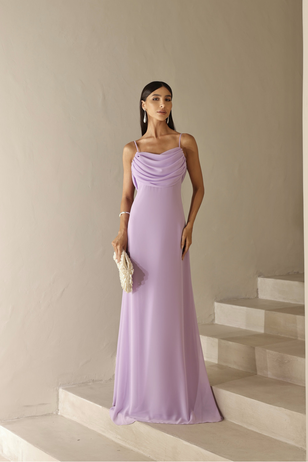 VESTIDO YOLANDA LONGO DRAPEADO BUSTO E COSTAS - LILÁS