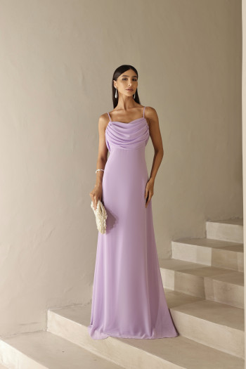 VESTIDO YOLANDA LONGO DRAPEADO BUSTO E COSTAS - LILÁS