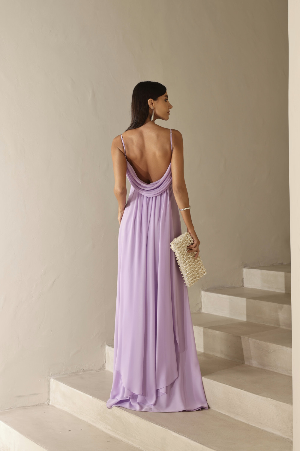 VESTIDO YOLANDA LONGO DRAPEADO BUSTO E COSTAS - LILÁS