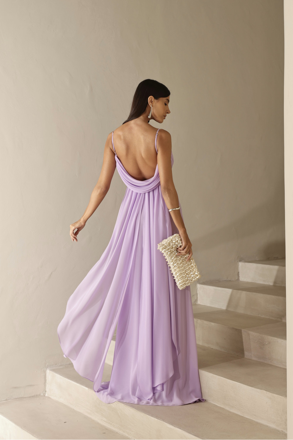 VESTIDO YOLANDA LONGO DRAPEADO BUSTO E COSTAS - LILÁS