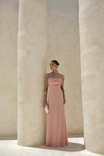 VESTIDO YOLANDA LONGO DRAPEADO BUSTO E COSTAS - ROSA PÓ