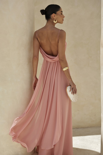 VESTIDO YOLANDA LONGO DRAPEADO BUSTO E COSTAS - ROSA PÓ