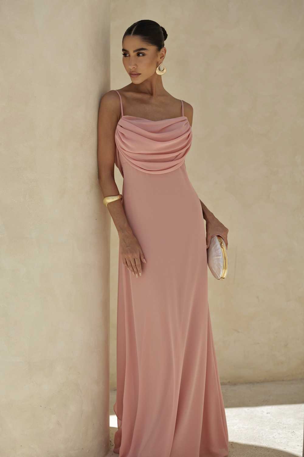 VESTIDO YOLANDA LONGO DRAPEADO BUSTO E COSTAS - ROSA PÓ