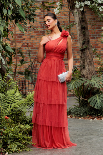 VESTIDO DE FESTA NEW FLOWERS TULE BRILHO - TERRACOTA