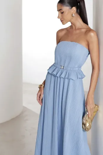 VESTIDO LONGO CREPE PLISSADO MALDIVAS - AZUL SERENITY