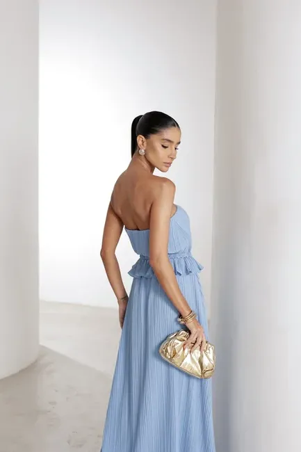 VESTIDO LONGO CREPE PLISSADO MALDIVAS - AZUL SERENITY