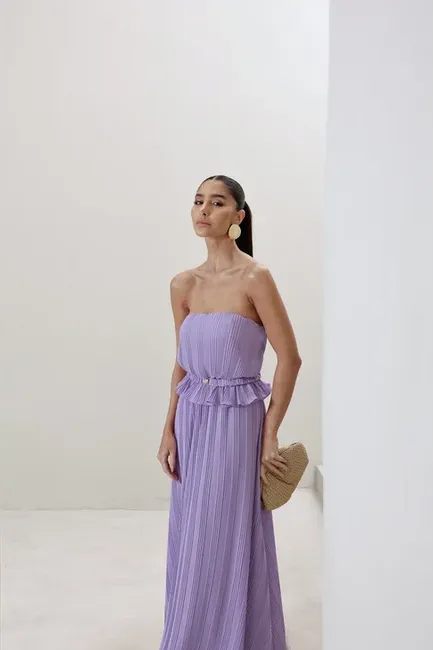 VESTIDO LONGO CREPE PLISSADO MALDIVAS - LILÁS