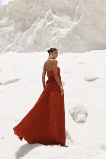 VESTIDO LONGO CREPE PLISSADO MALDIVAS - TERRACOTA