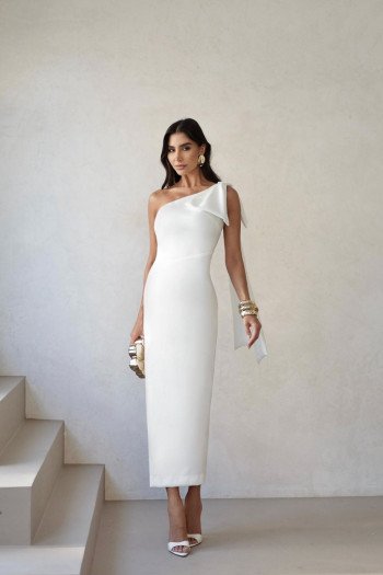 VESTIDO FLÁVIA LONGUETE TUBINHO LAÇO - OFF WHITE