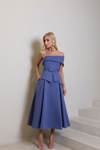 VESTIDO LARA MIDI COM CINTO - AZUL