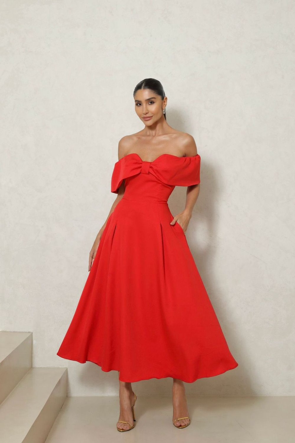 VESTIDO MIDI KAROL OMBRO A OMBRO LAÇO - VERMELHO
