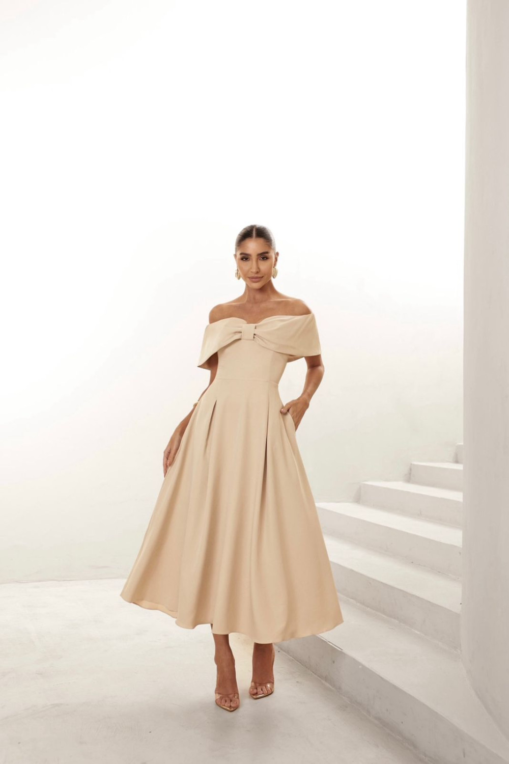 VESTIDO MIDI KAROL OMBRO A OMBRO LAÇO - AREIA