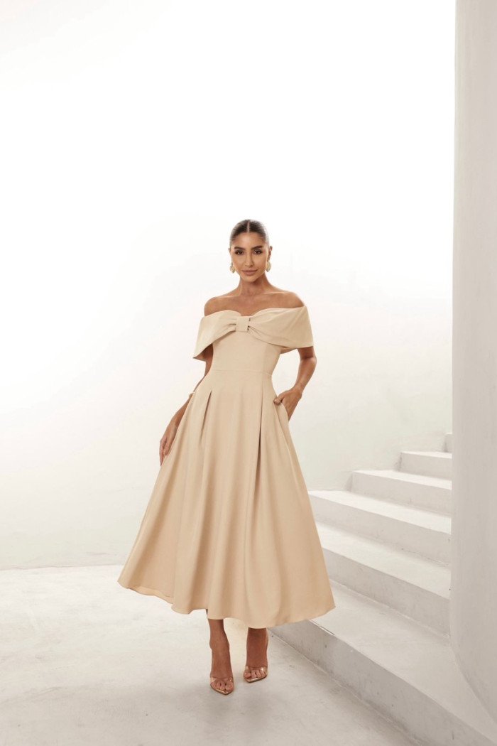 VESTIDO MIDI KAROL OMBRO A OMBRO LAÇO - AREIA