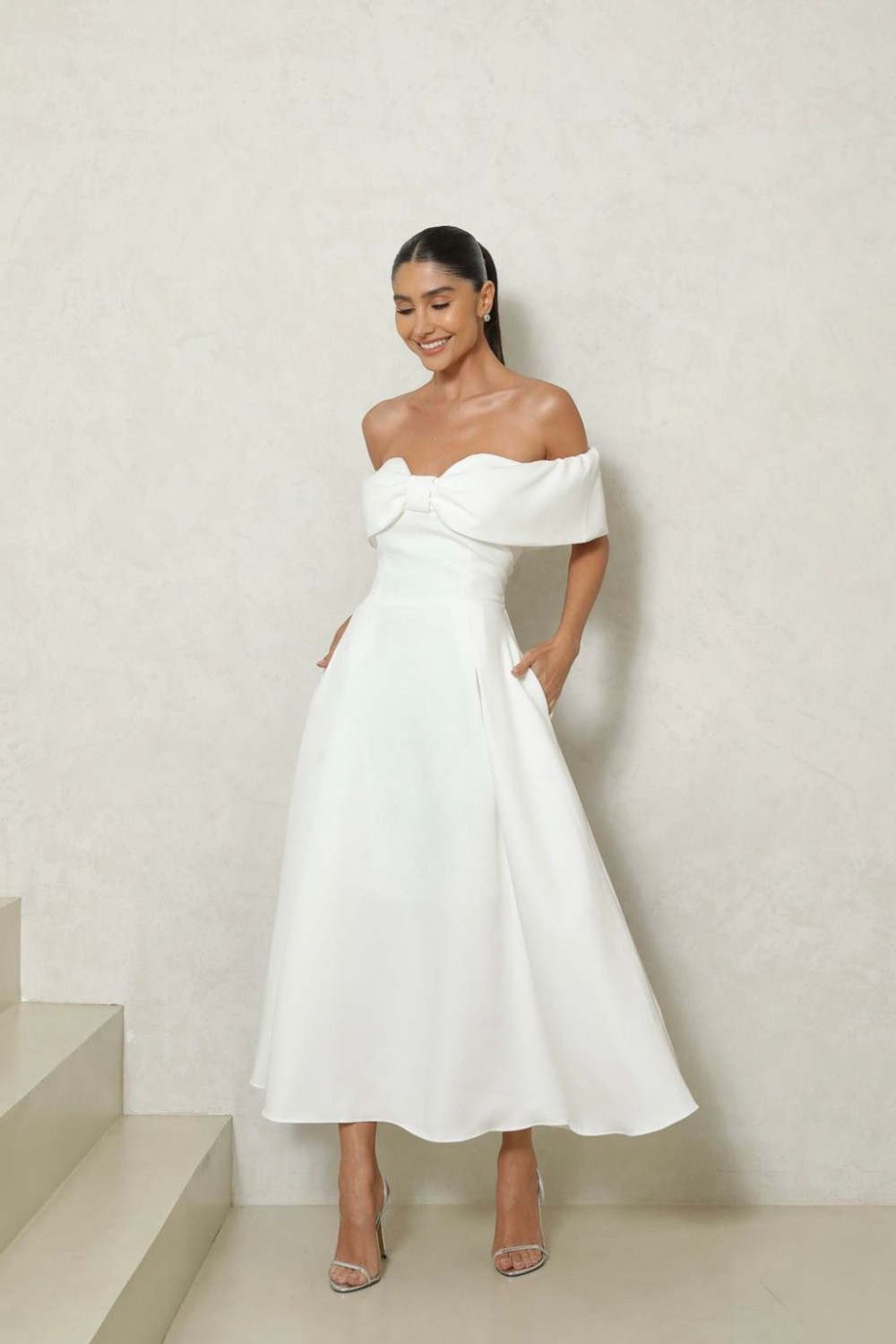 VESTIDO MIDI KAROL OMBRO A OMBRO LAÇO - OFF WHITE