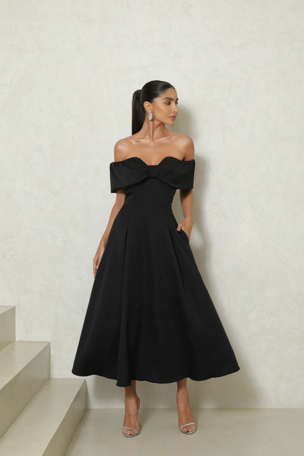 VESTIDO MIDI KAROL OMBRO A OMBRO LAÇO - PRETO
