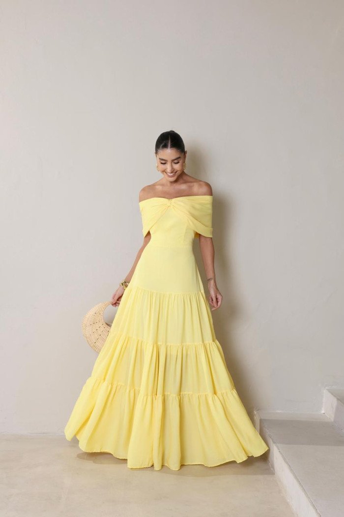 VESTIDO HOLANDA CHIFFON OMBRO A OMBRO - AMARELO
