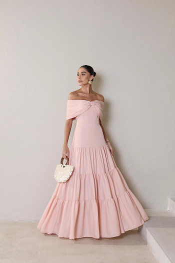 VESTIDO HOLANDA CHIFFON OMBRO A OMBRO - ROSA CLARO