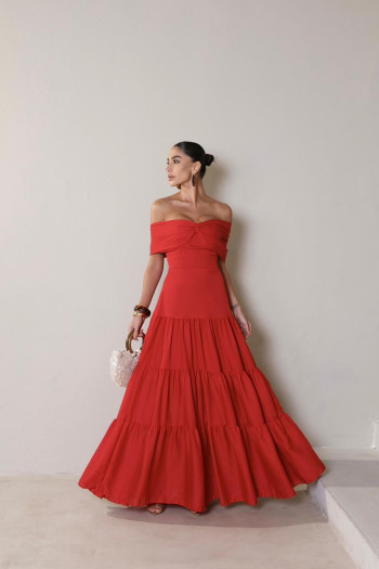 VESTIDO HOLANDA CHIFFON OMBRO A OMBRO - VERMELHO