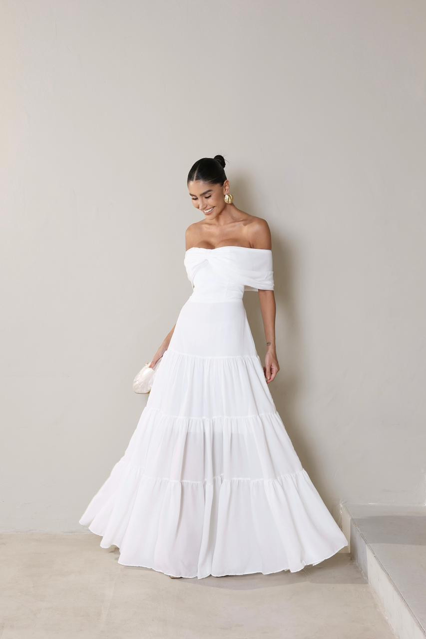 VESTIDO HOLANDA CHIFFON OMBRO A OMBRO - OFF WHITE