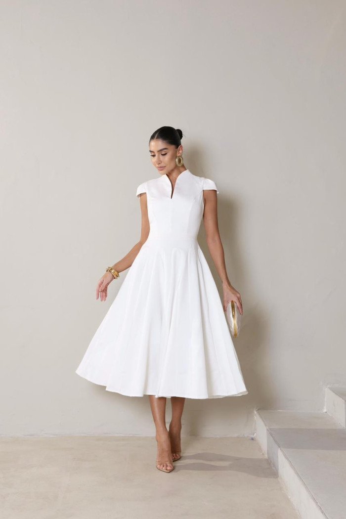 VESTIDO MIDI ADRIANA DETALHE GOLA - OFF WHITE