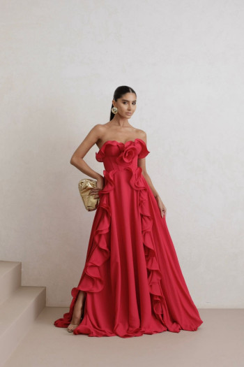 VESTIDO LONGO PUNTA CANA BABADOS CHIFON - VERMELHO