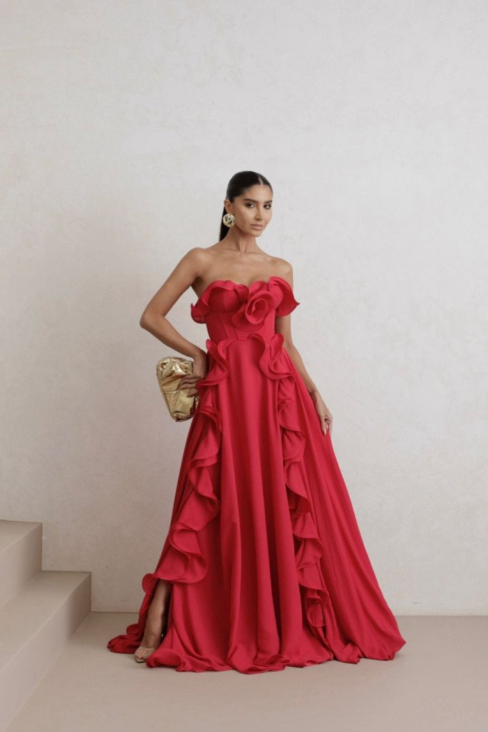 VESTIDO LONGO PUNTA CANA BABADOS CHIFON - VERMELHO