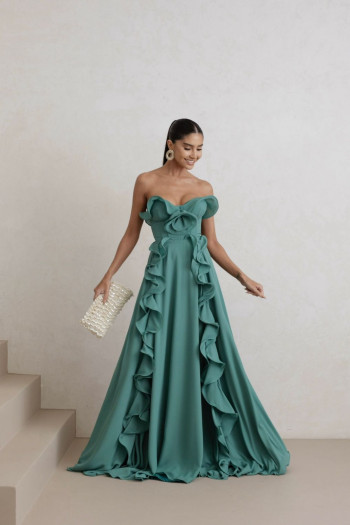 VESTIDO LONGO PUNTA CANA BABADOS CHIFON - VERDE